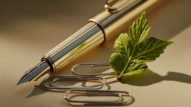 Detalje af fyldepen, clips og grønt blad på cremefarvet papir – illustration